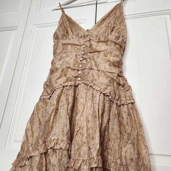 Storia Floral Tiered Midi Dress Cottagecore Boho Ruffle Tan Size M - Picture 6 of 12
